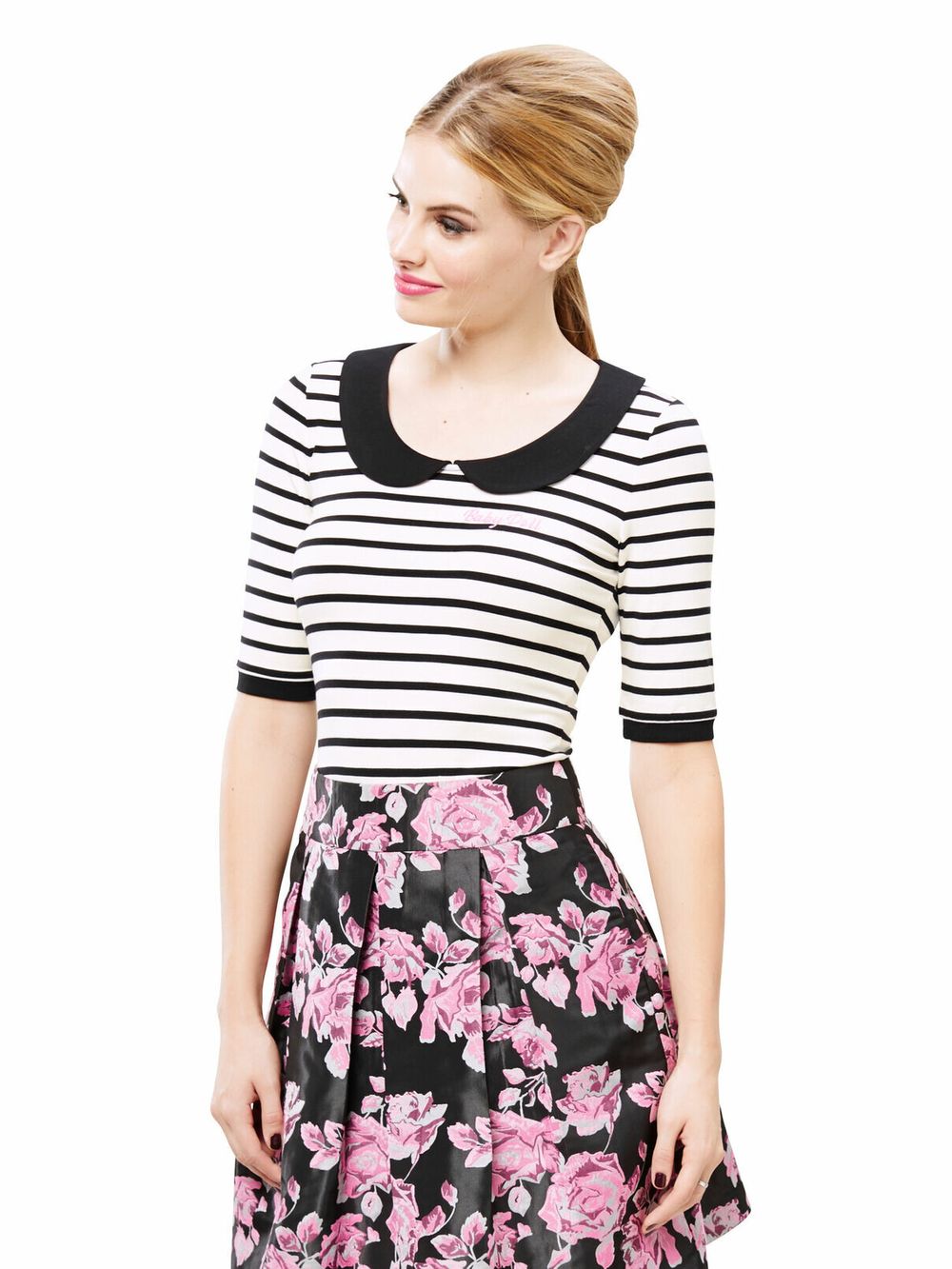 REVIEW Baby Doll Stripe Black White Embroidered Collared Top Blouse