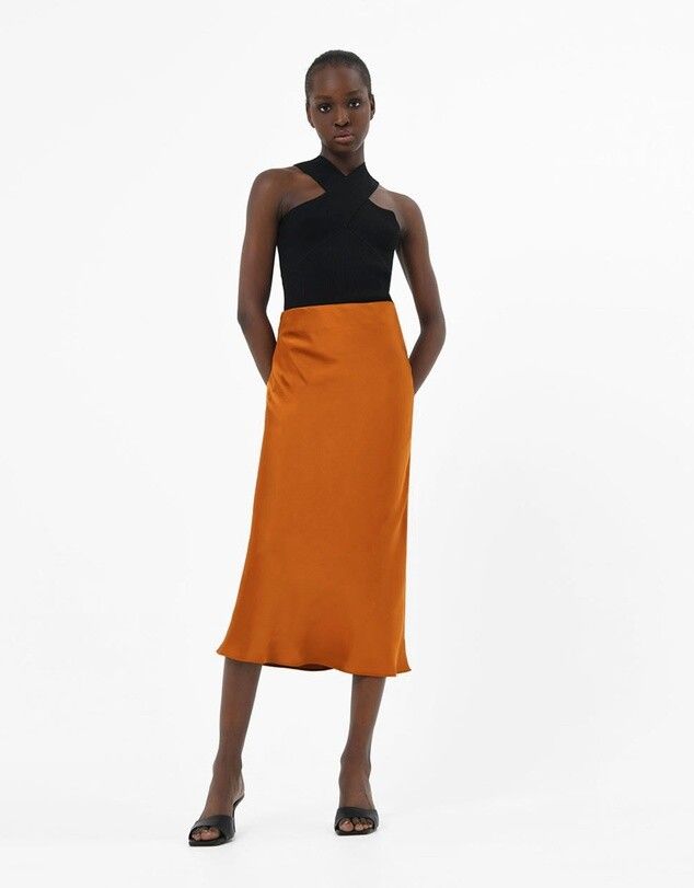 FORCAST Sirocco Copper Satin Midi Bias Skirt NWT