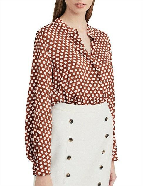 WITCHERY Brown Polka Dot Spot Long Sleeve Lightweight Blouse RRP$129