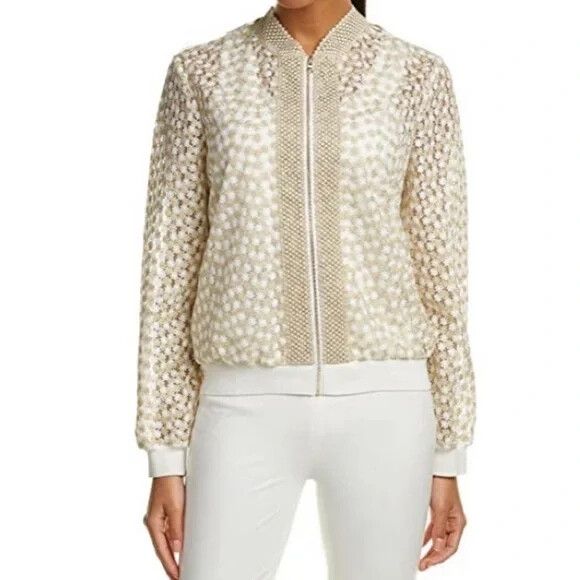 TAHARI White Gold Embroidered Floral Bomber Jacket