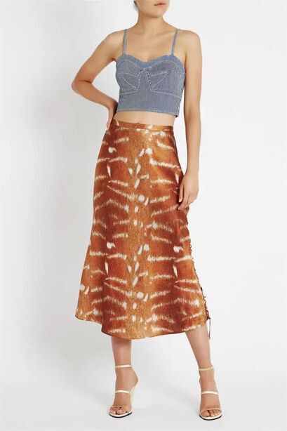 SASS & BIDE Over and Out Silk Burnt Orange Eyelet High Waisted Midi Skirt