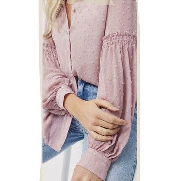 DECJUBA Zaya Dobby Frosty Pink Long Balloon Sleeve Collared Button Up Shirt Blouse
