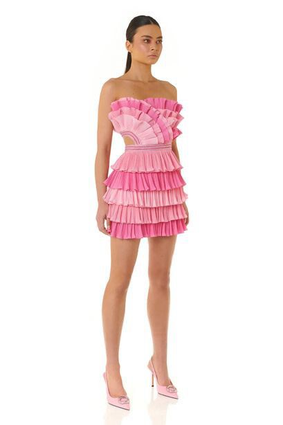 ELIYA THE LABEL Josephine Pink Ruffle Layered Strapless Mini Dress RRP$399
