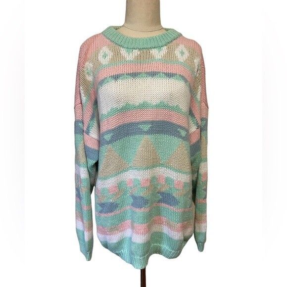 Vintage 80s 90s Pastel Aqua Pink Winter Chunky Cotton Knit Sweater Jumper