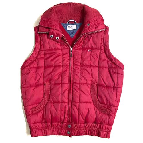 TOMMY HILFIGER Denim Red Quilted Cropped Winter Dual Layer Sleeveless Jacket Puffer Vest