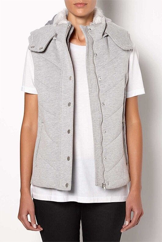WITCHERY Wool Fur Collar Knit Back Winter Quilted Puffer Vest Hooded Jacket