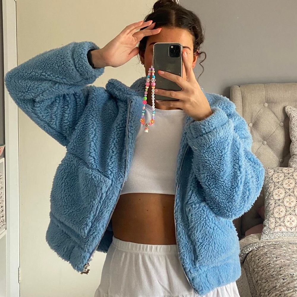 PETER ALEXANDER Cosy Blue Cropped Hooded Teddy Jacket NWT