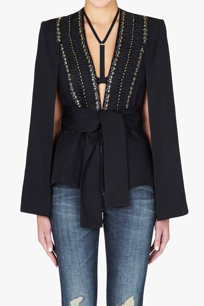SASS & BIDE Black Formal Office Evening Belted Blazer Cape Jacket