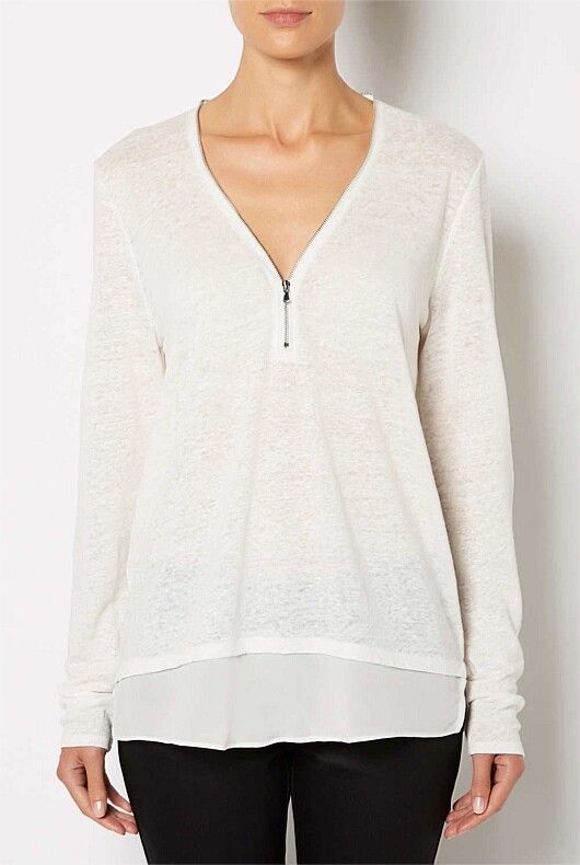 WITCHERY Linen White Zip Neck Woven Hem Long Sleeve Tee Top
