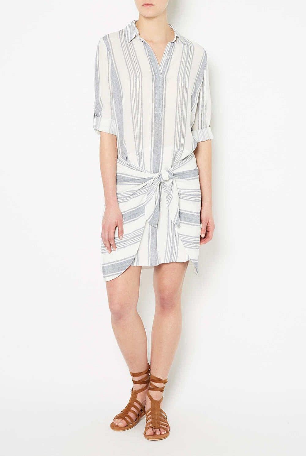 WITCHERY White Blue Stripe Tie Front Mid Sleeve Shirt Dress