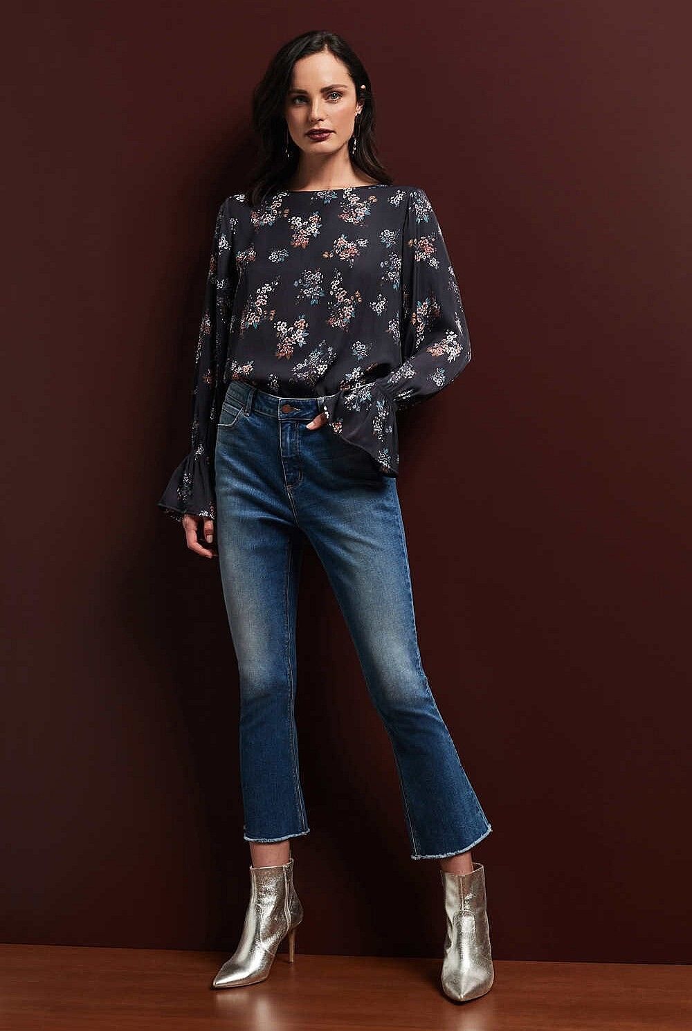 WITCHERY Navy Floral Office Winter Cuff Detail Long Sleeve Blouse Top