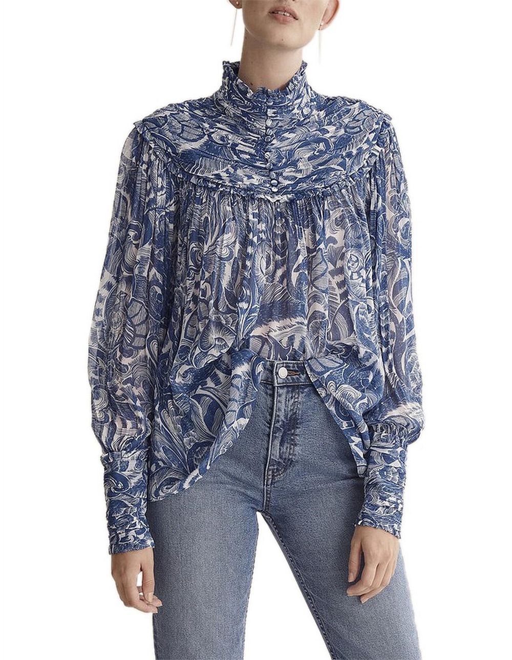 COUNTRY ROAD Blue Print Long Sleeve High Neck Blouse