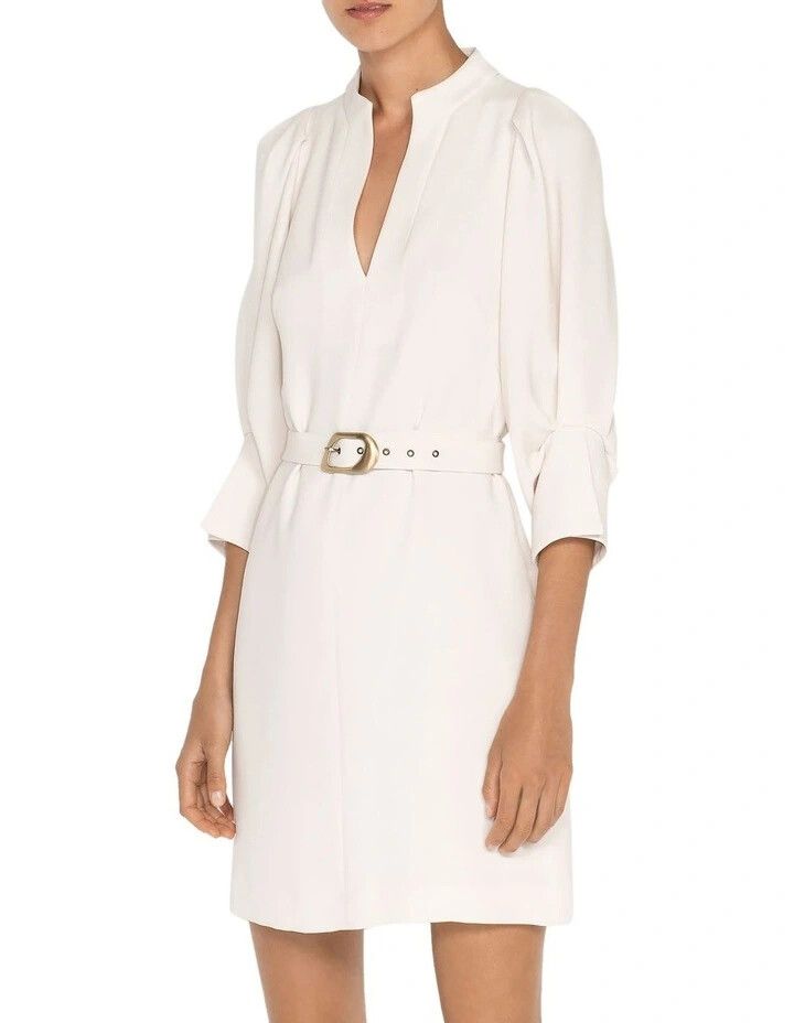 CUE White Belted Office Blouson Sleeve Crepe Shift Dress NWT RRP$365
