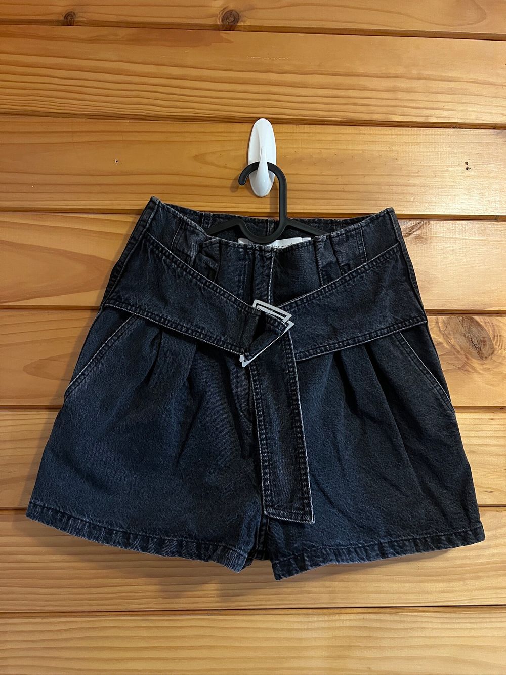 95%New Iro Paris Moryae Belted Pleated Denim Shorts Charcoal Grey  Size M RRP$415
