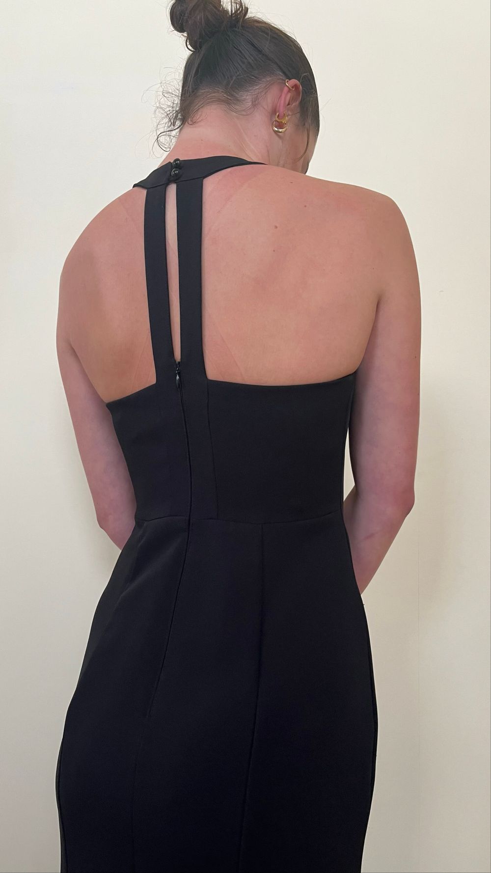 beautiful black crepe ball gown with t-bar back straps