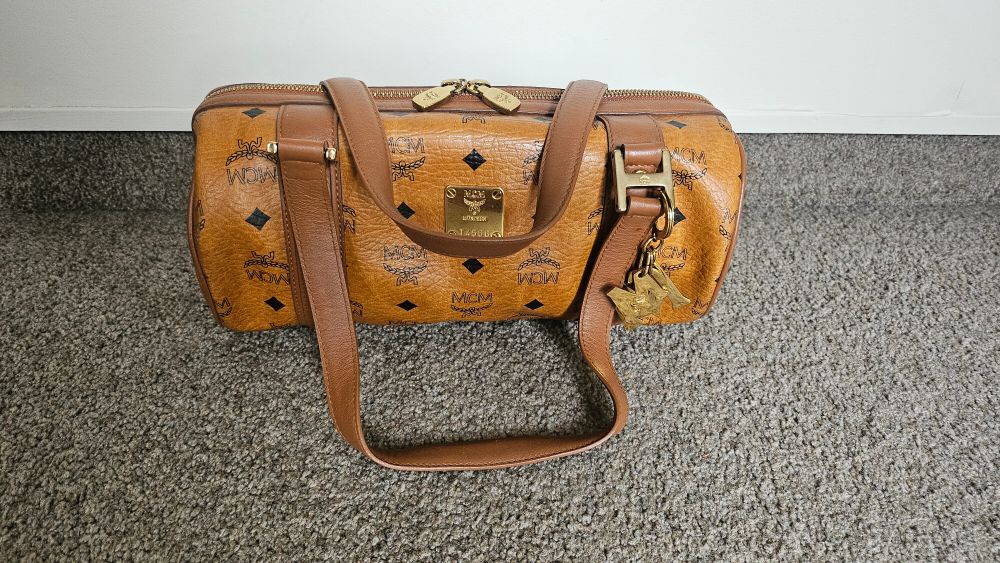 MCM VISETOS COGNAC MONOGRAM BARREL BAG