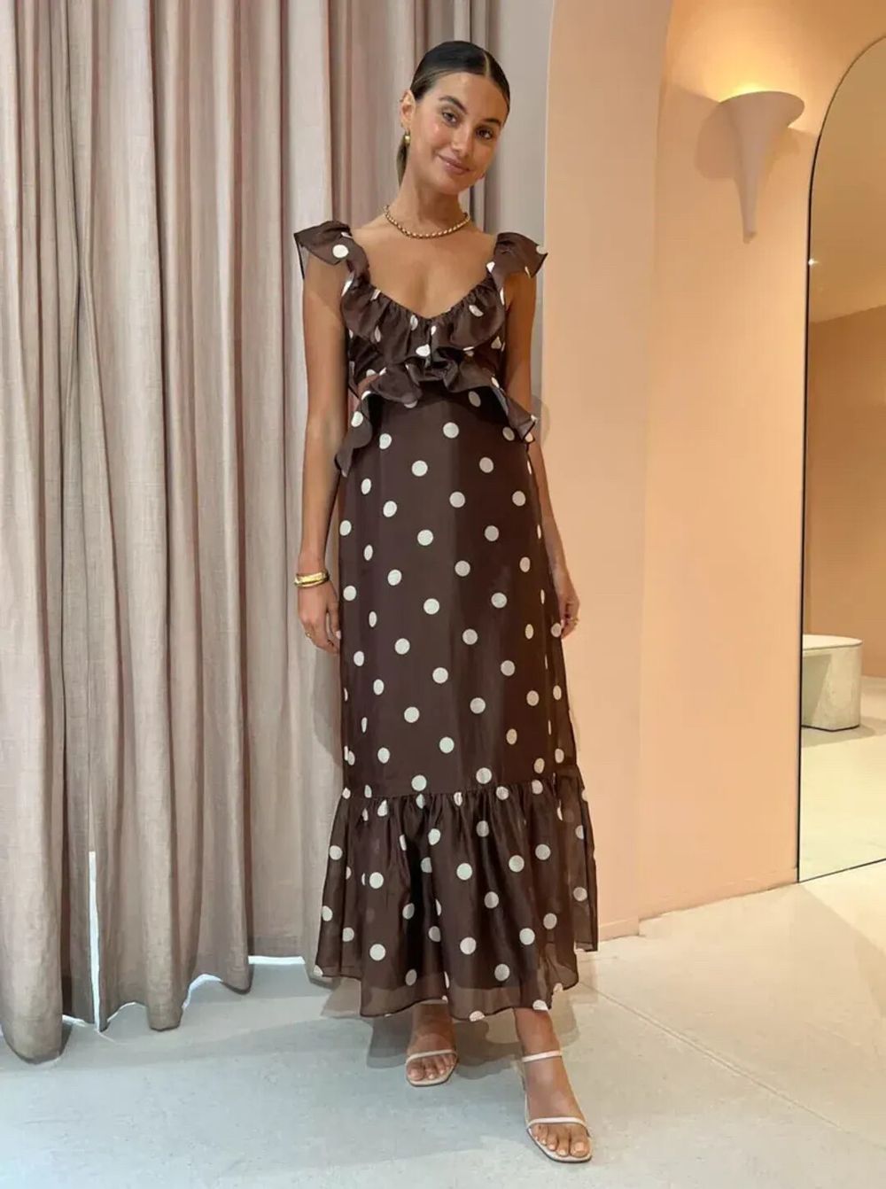 Sir the Label. Brown Polka Dot Maxi Dress