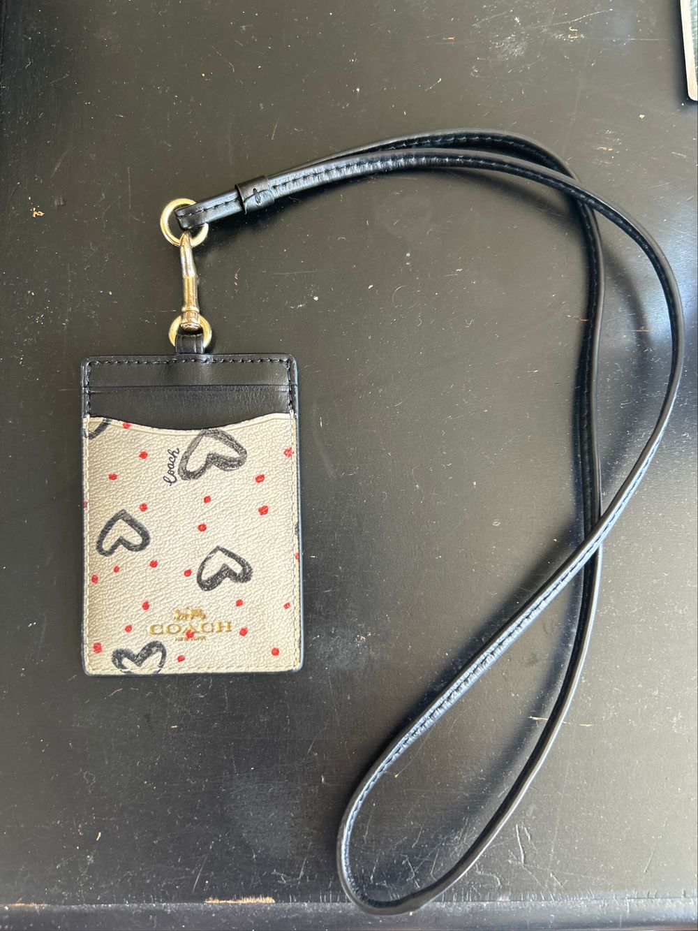 Coach Beige Black Hearts Lanyard