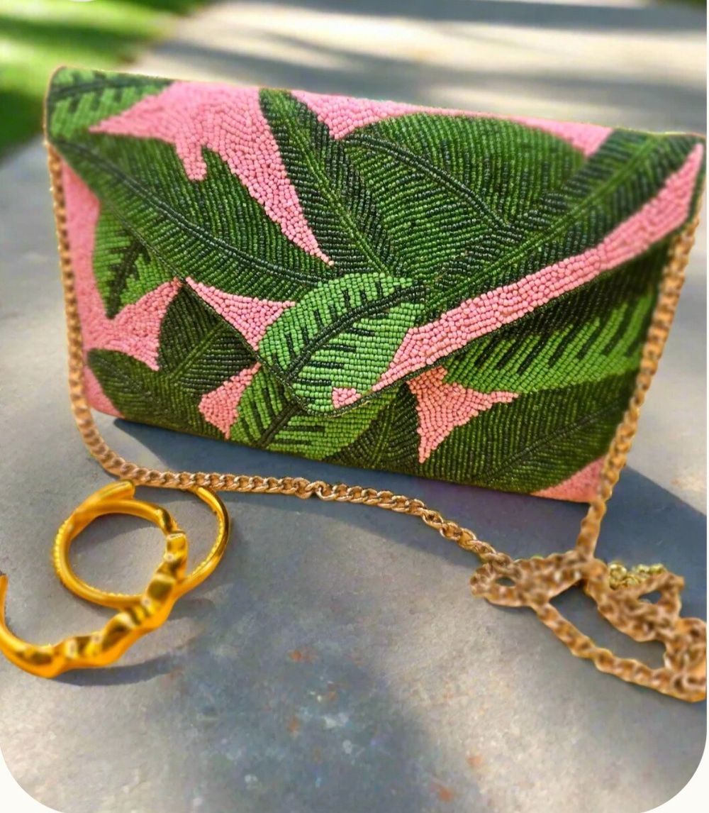Green And Pink Beaded Leaf Clutch