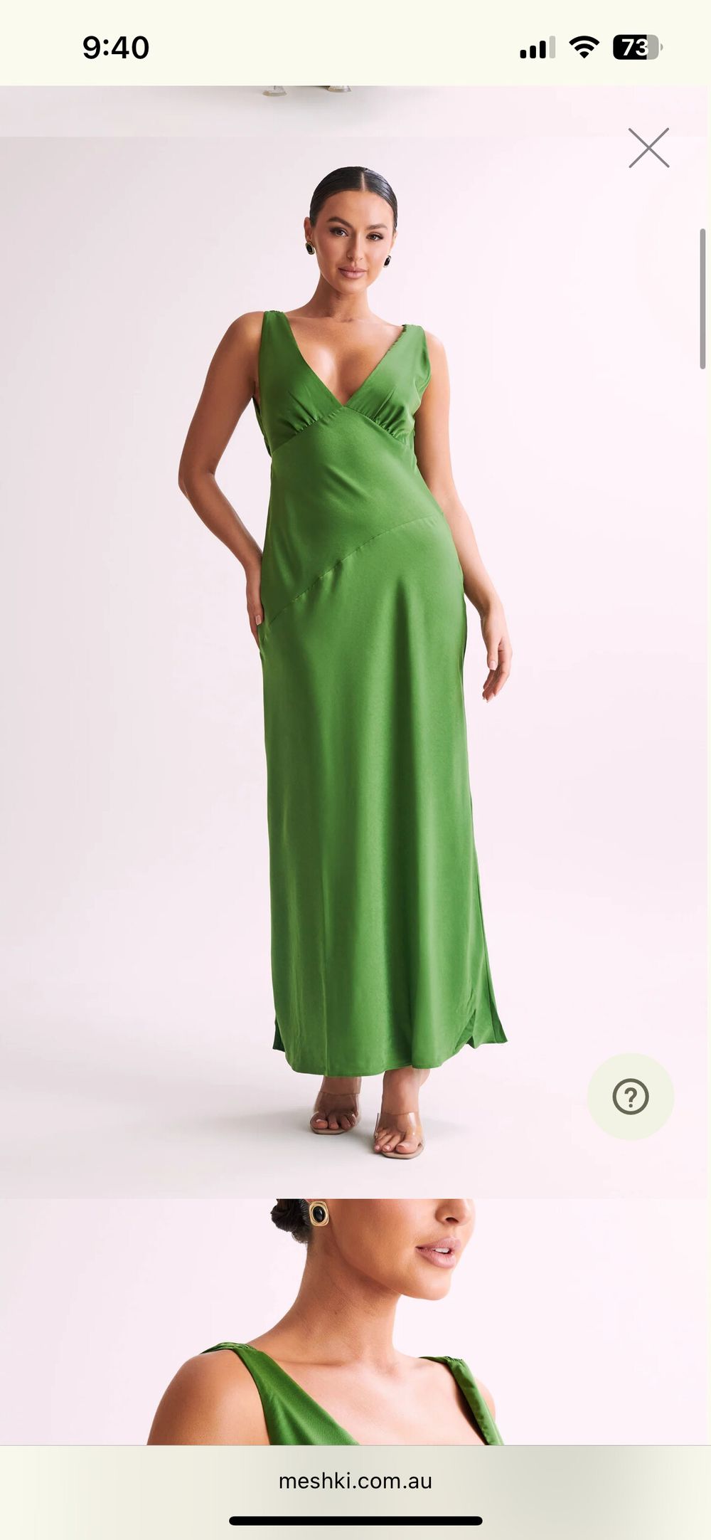 meshki nadia dress green sizechart:PLUNGED SLIP DRESS
