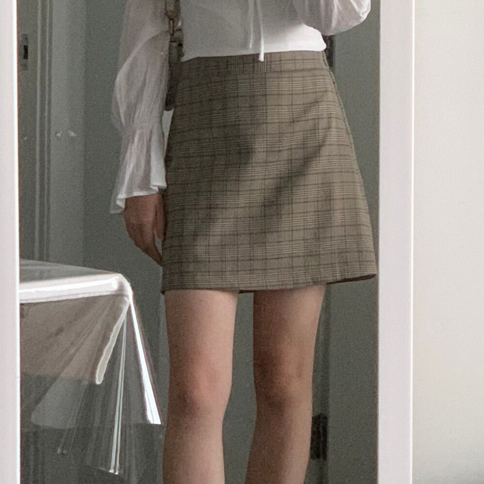 Brown Checked Pattern Mini Skirt Au6