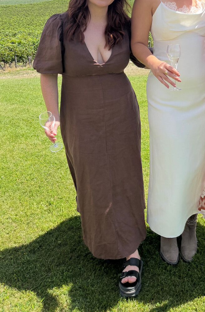 knee length dresses for ladies ALMA BIT CHOC ASYM LINEN MIDI DRESS  DISSH