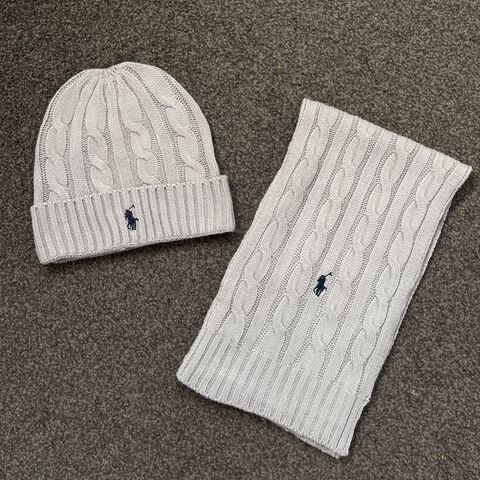 Polo Ralph Lauren Grey Cable Knit Beanie and Scarf Set Unisex