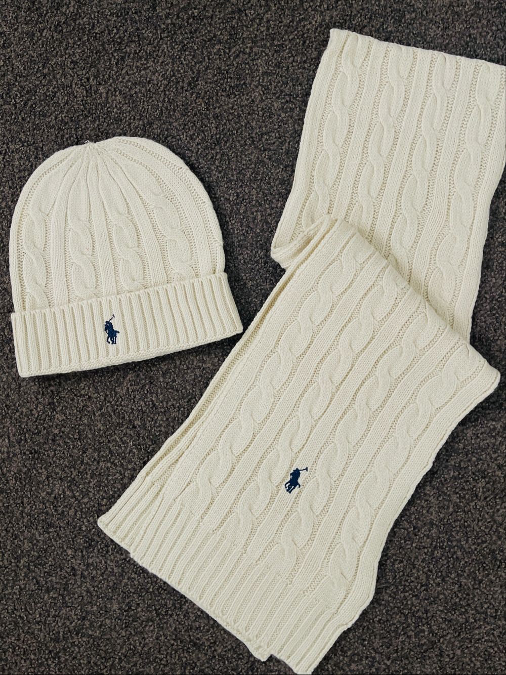 Ralph Lauren Cream Cable Knit Beanie and Scarf Set