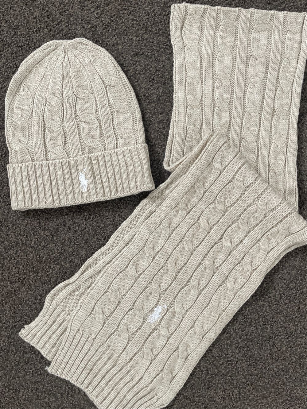 Polo Ralph Lauren Beige Cable Knit Beanie And Scarf Set