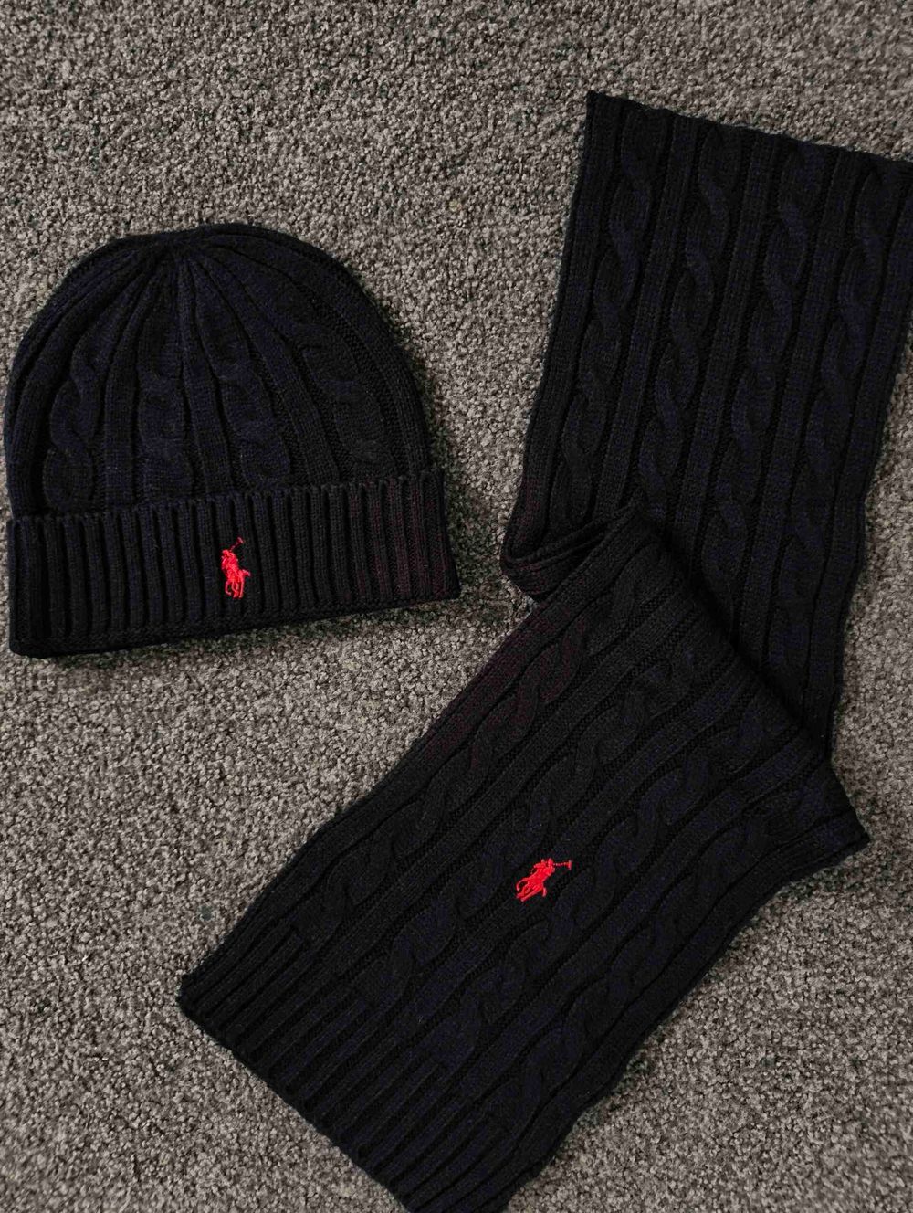 Ralph Lauren Black Cable Knit Beanie And Scarf Set