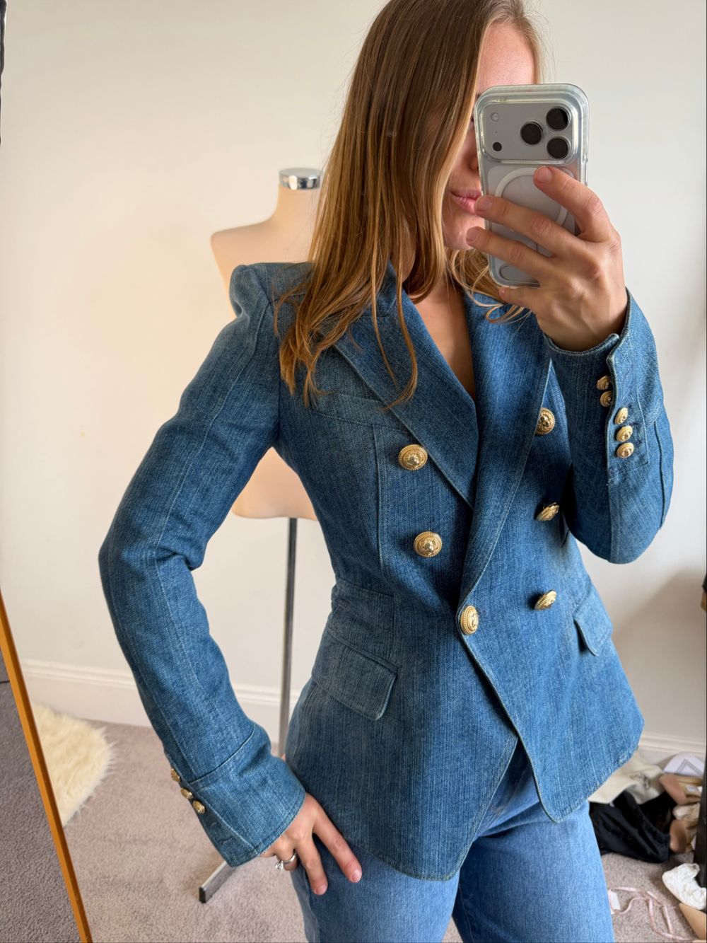 Balmain Double-Breasted Denim Blazer 40 IT