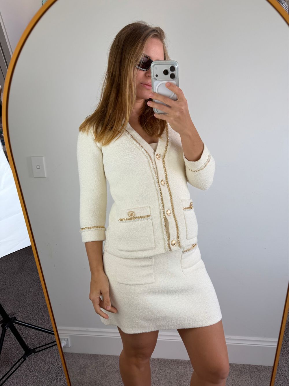Maje Cream Tweed Skirt Suit With Gold Chain Trim