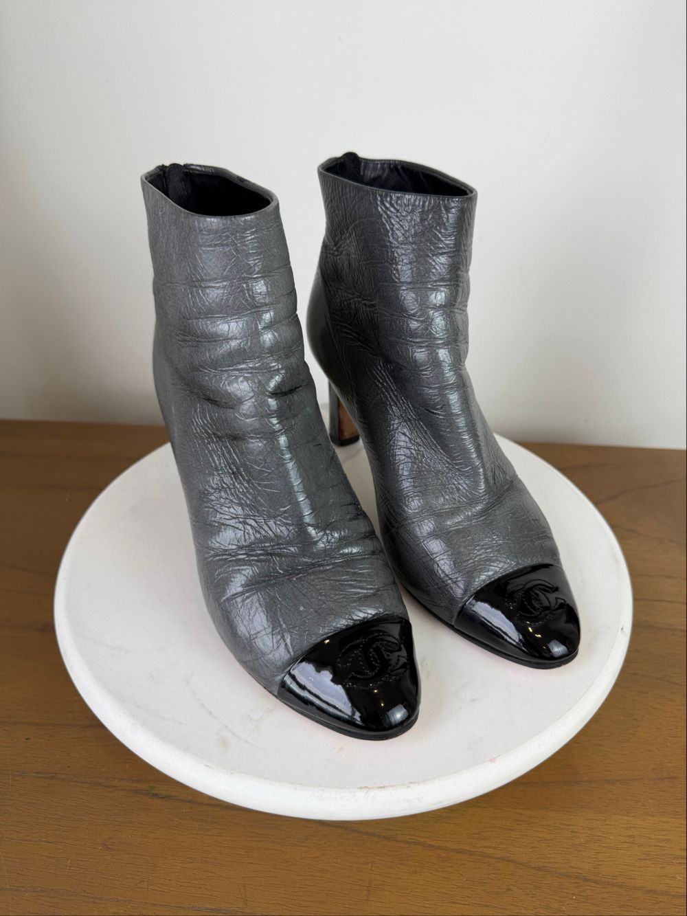 CHANEL Grey Leather Ankle Boots