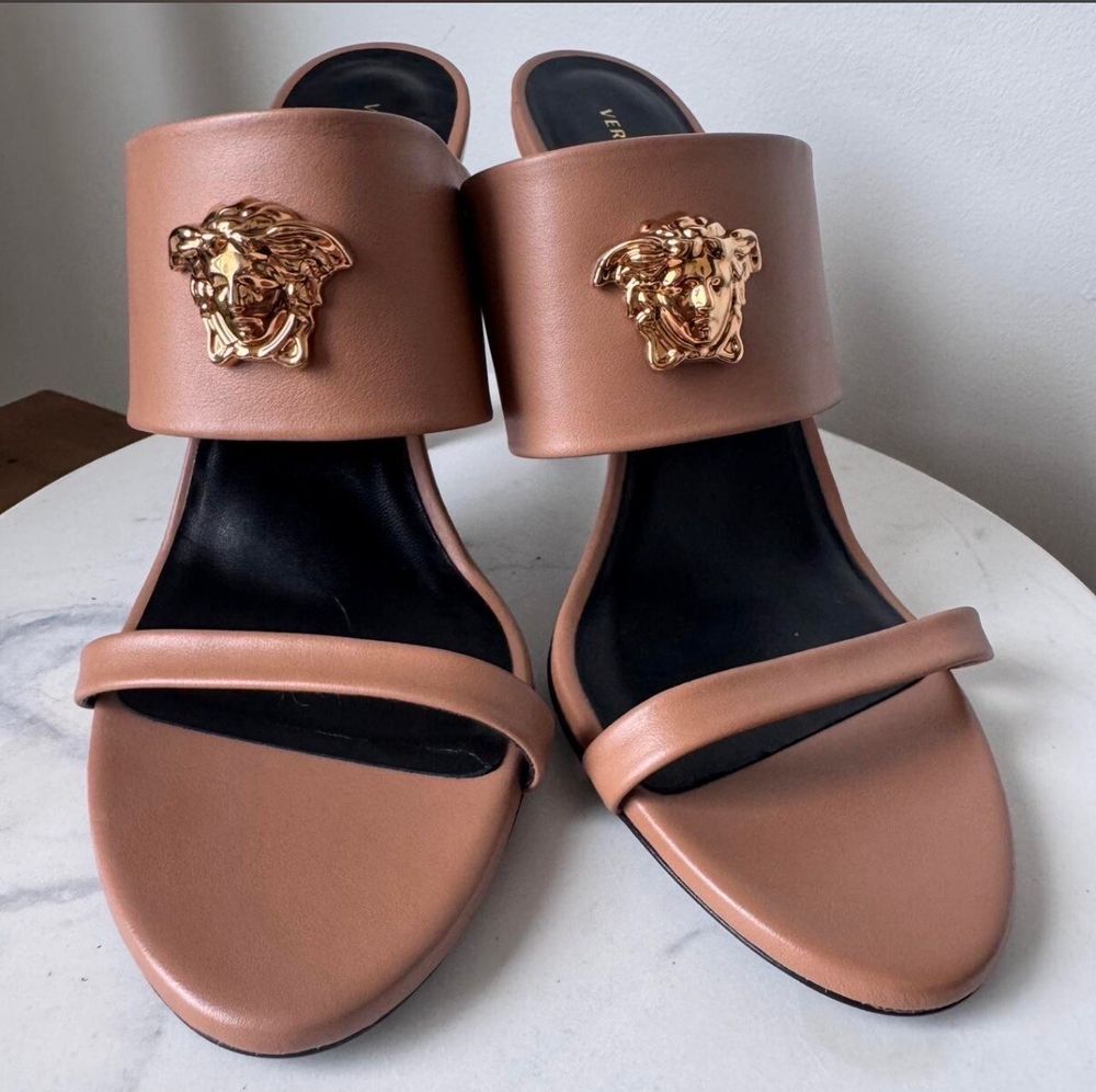 Versace Brown Leather Medusa Heeled Mules
