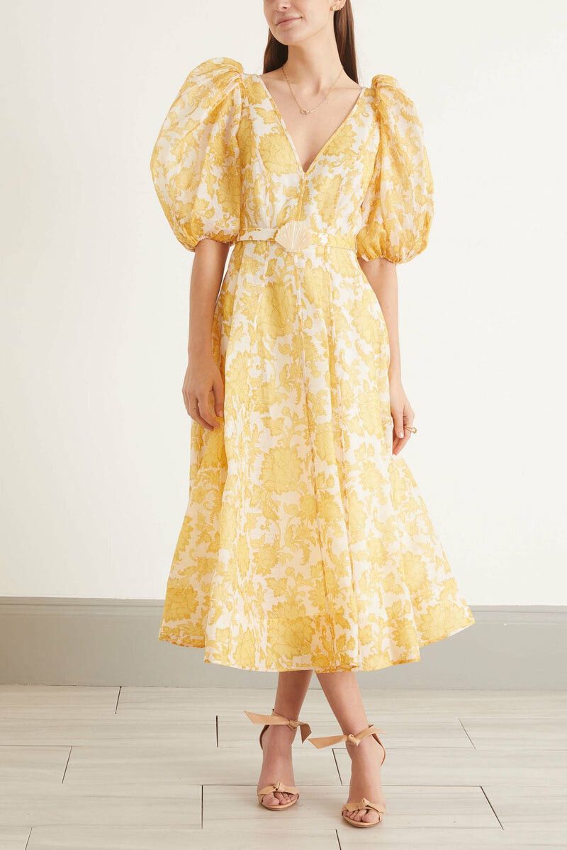 Zimmermann - BNWT ZIMMERMANN YELLOW POSTCARD PUFF MIDI DRESS - SIZE 0/8  AU/4 US (RRP $1500) on Designer Wardrobe