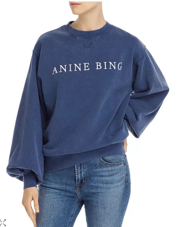 Anine Bing - Navy, Esme Embroidered-Logo Sweatshirt on Designer Wardrobe