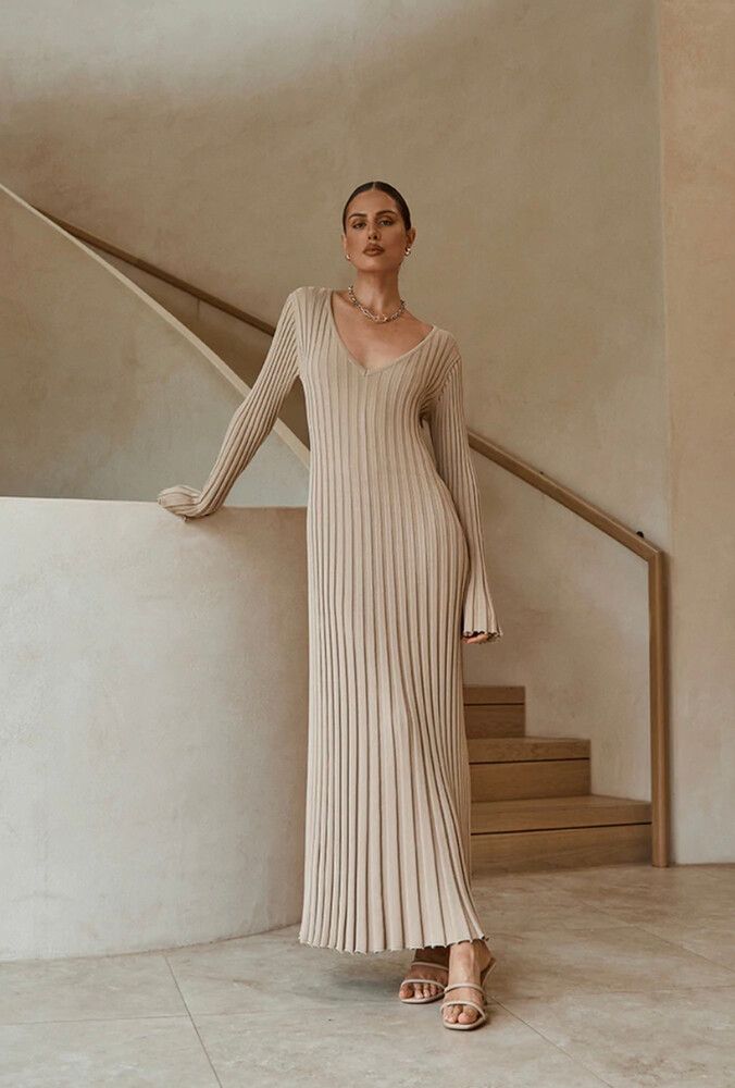 DISSH - REIGN Wheat Sleeved Knit Midi Dress on Designer Wardrobe