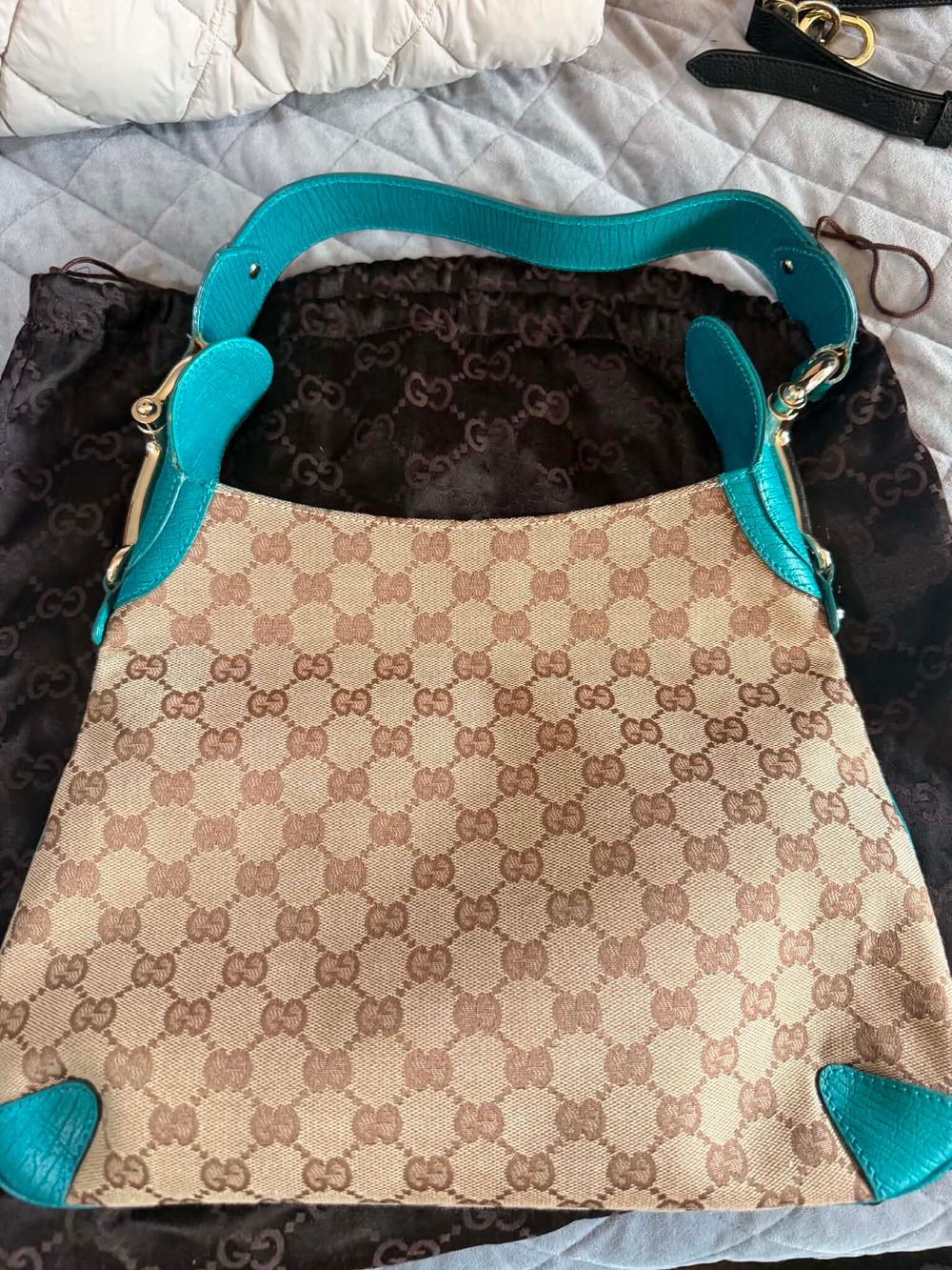 vintage Gucci Beige and Turquoise GG Canvas Shoulder Bag