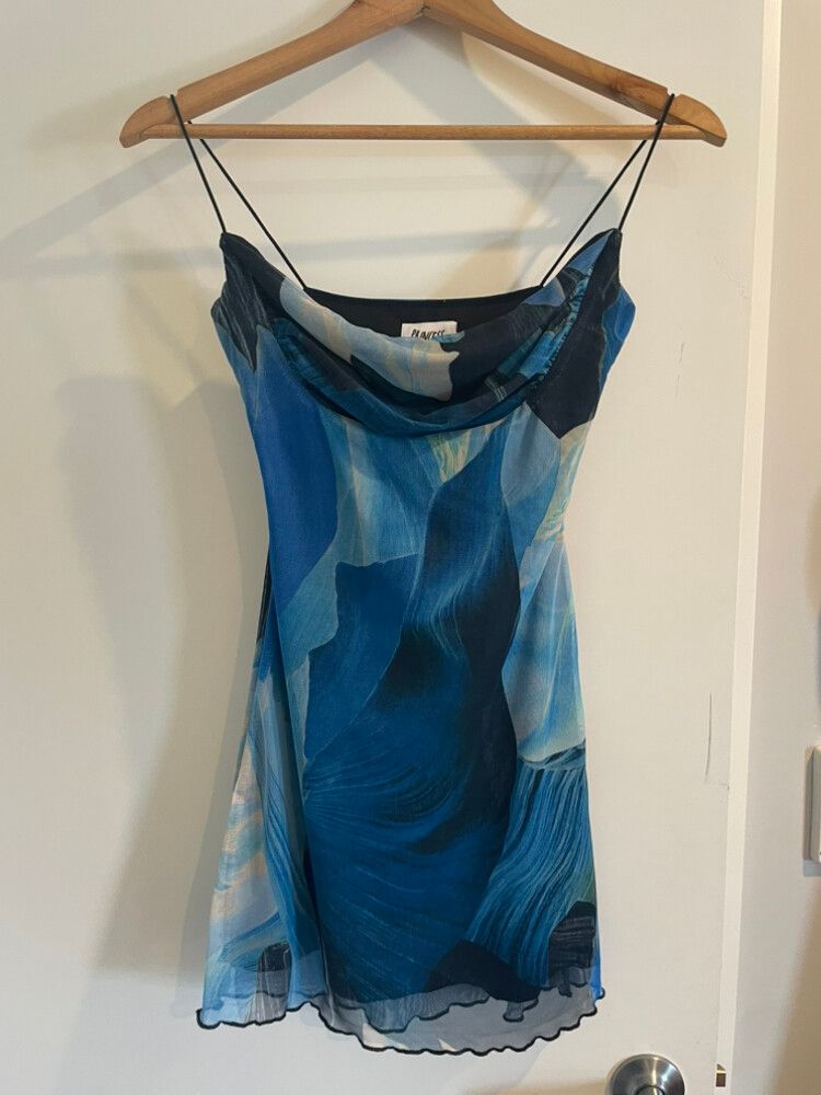 strapless open back dress Strappy Blue and Grey Floral Slip Dress