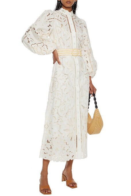 Zimmermann Empire Belted Broderie Anglaise Linen And Cotton Blend MIDI Dress