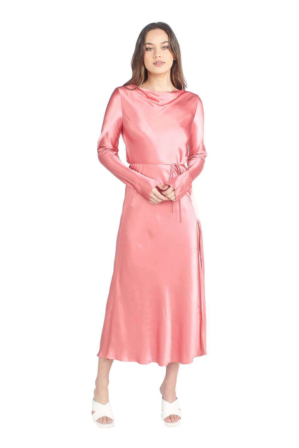 knee length dresses for ladies Iris Long Sleeve Satin Maxi Dress / Sage | Meshki main image 1