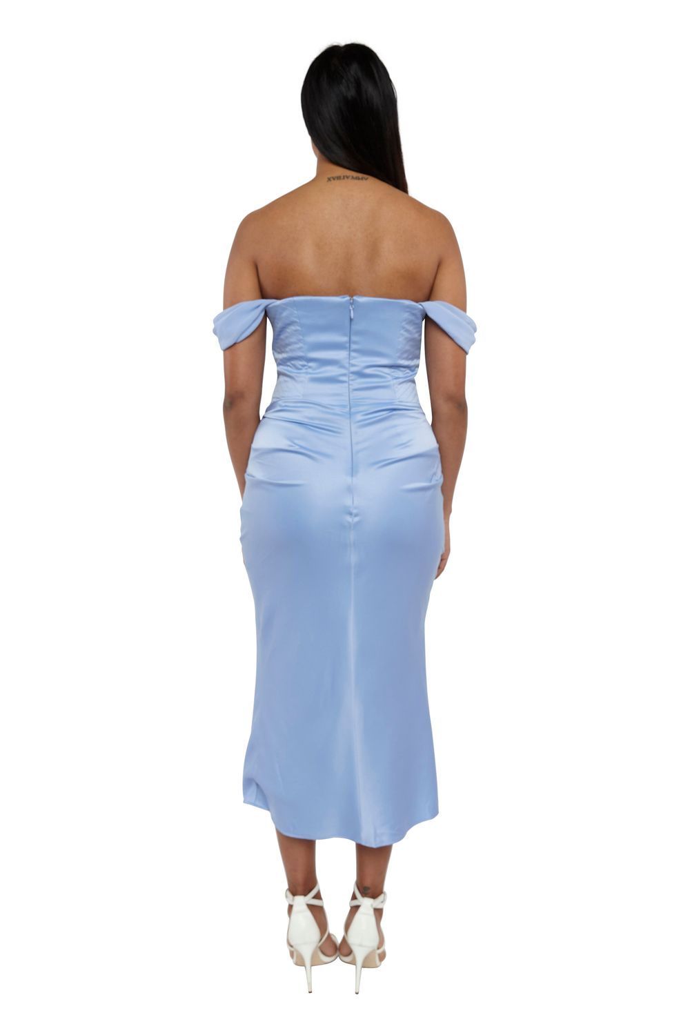 natalya corset off the shoulder satin midi dress Clothing : Midi Dresses : 'Natalya' Sky Satin Corset Midi Dress