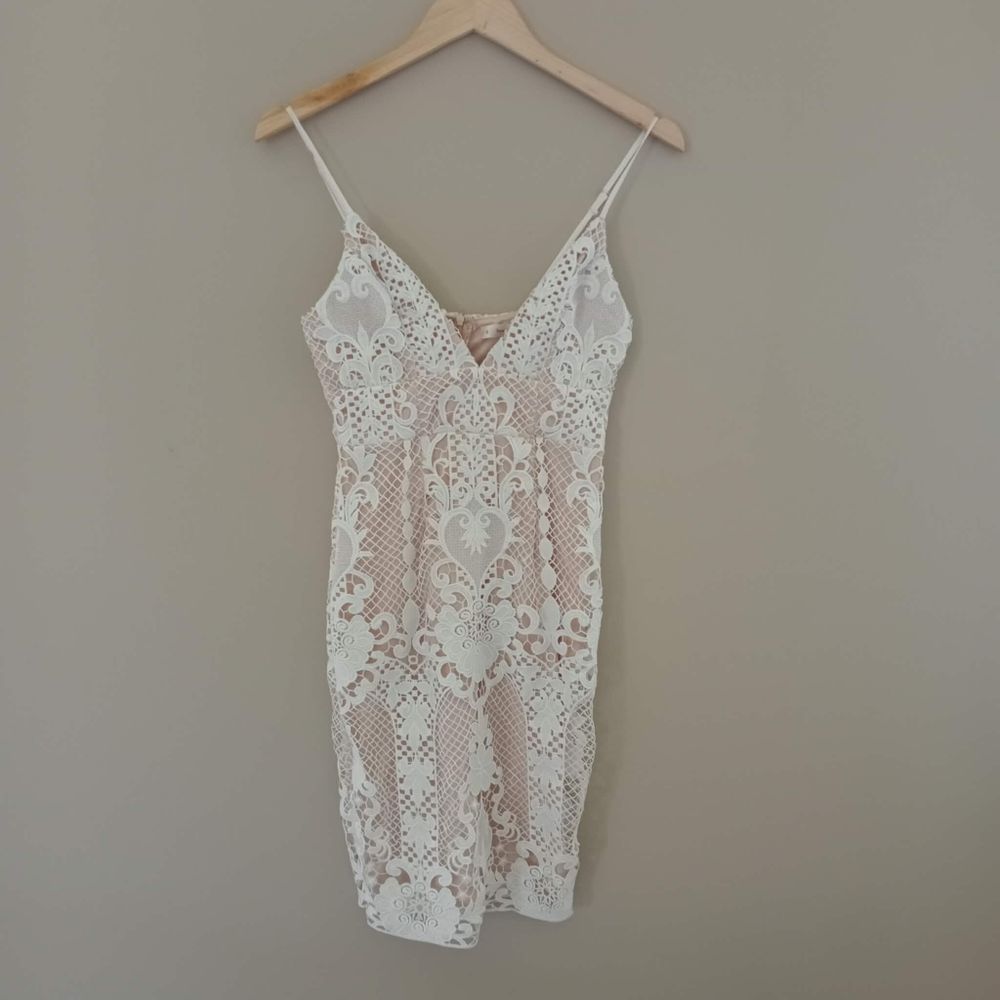 white lace dress with beige underlay Elegant Lace Mesh Sheer White Slip Dress main image 0