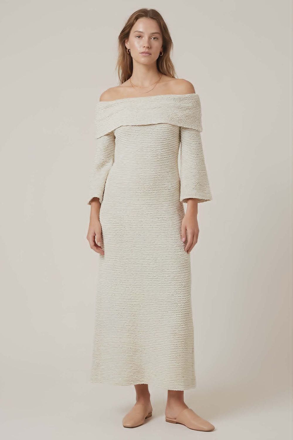 Sabo Beige Off-Shoulder Midi Dress