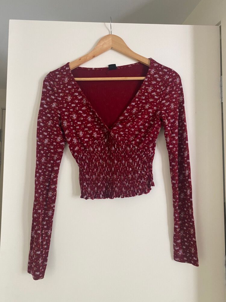 Shirred Waist Long Sleeve Floral Burgandy Top