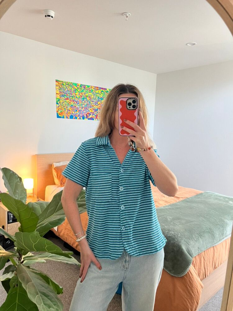 Frankies Bikinis Blue Striped Polo Top
