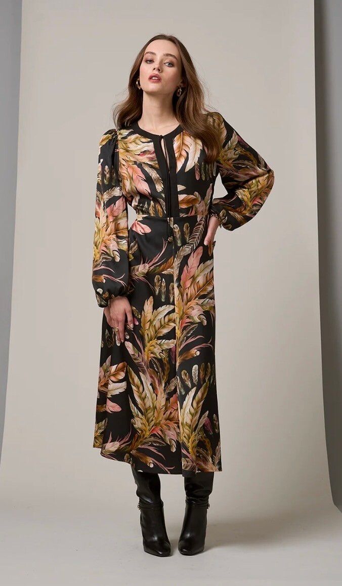 BRAND NEW Loobies Story Featherington Dress Black Feather Print Maxi Dress
