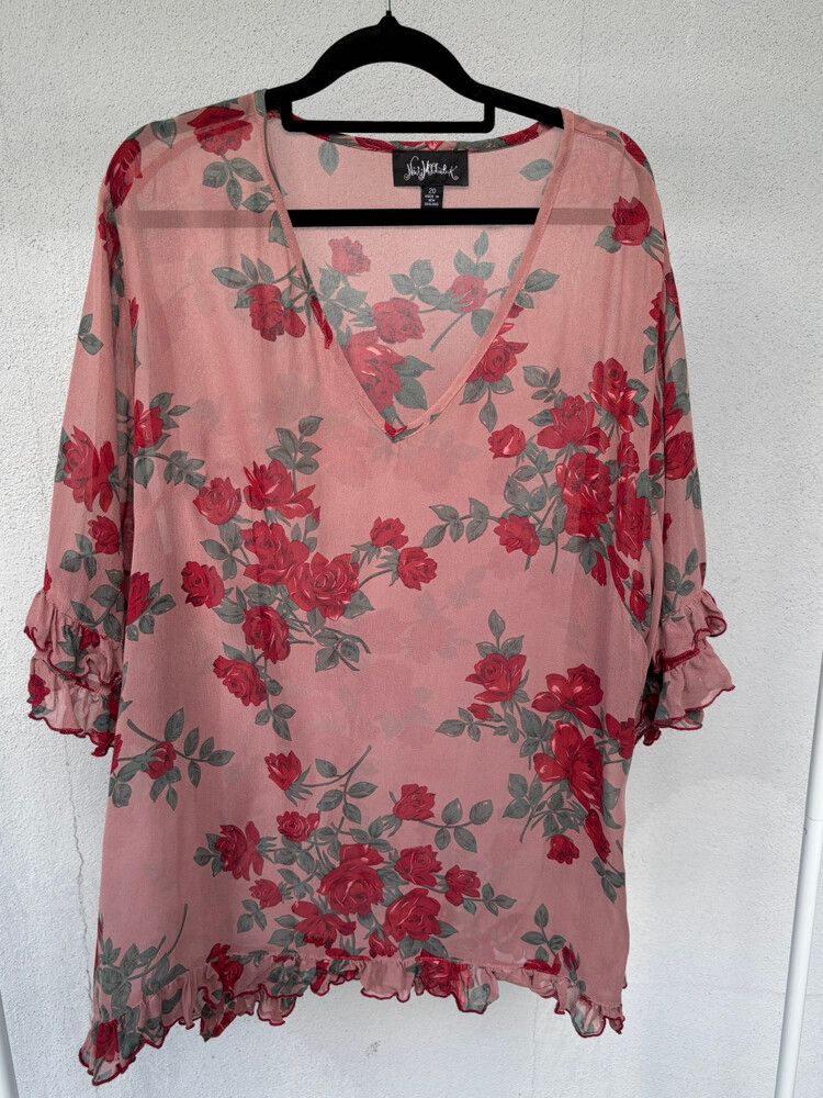2000s Pink Silk Rose Print Top