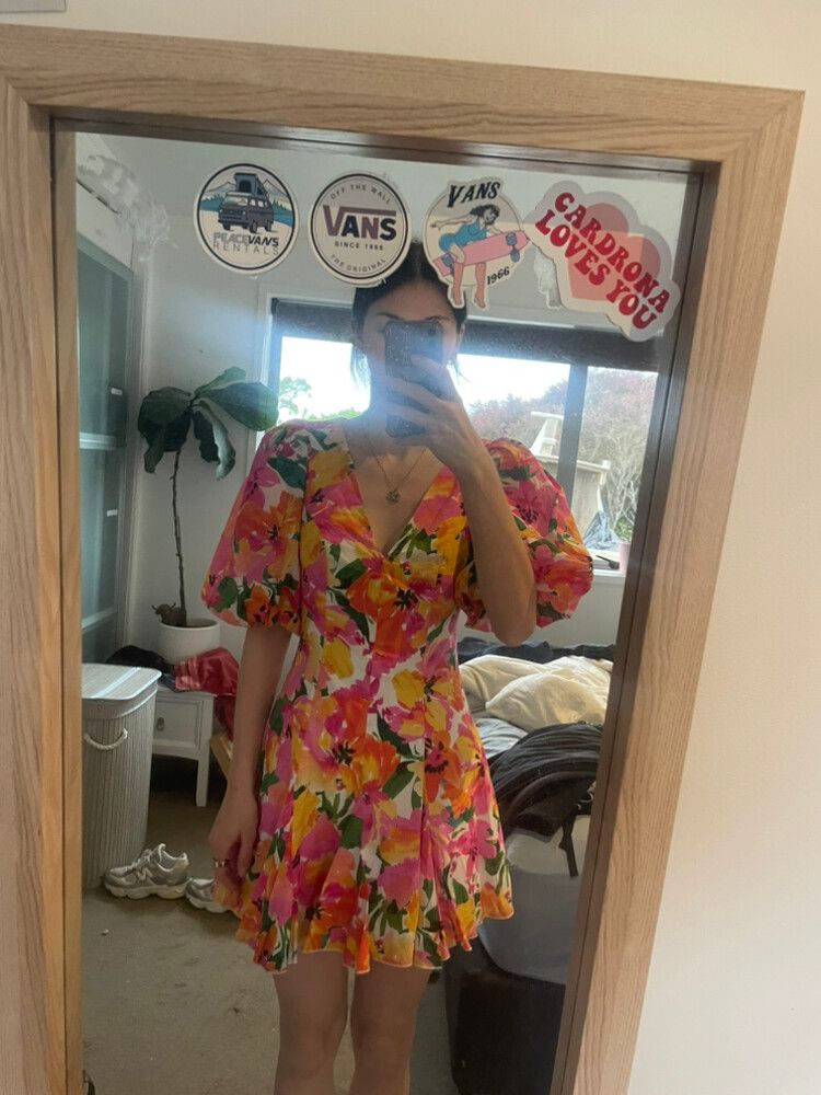 showpo orange and pink dress Showpo Off Shoulder Surplice Belted Mini Dress Pink/Orange Floral Size 4 New