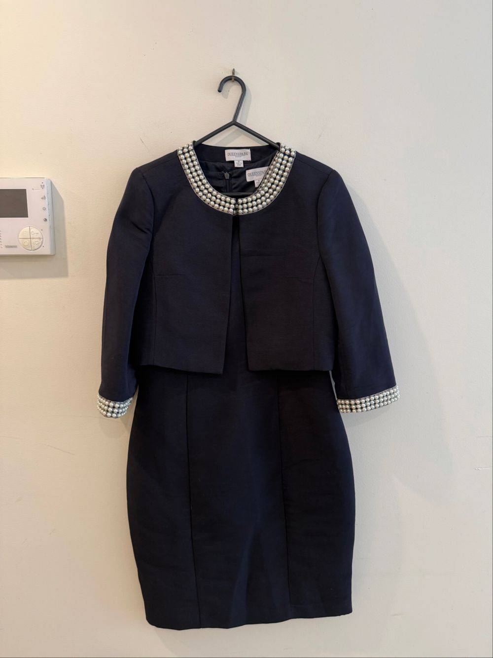 Queenspark Navy Pearl Trim Dress and Jacket Set